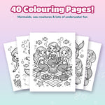 Load image into Gallery viewer, 40 mermaid colouring pages with mermaids, sea creatures and underwater designs