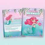 Load image into Gallery viewer, Inside pages of a mermaid colouring book showing 40 under-the-sea colouring pages