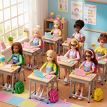 Load image into Gallery viewer, Playset of dolls in a classroom with desks, chairs, and educational items.