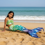 Load image into Gallery viewer, Girl in a green and blue mermaid tail sitting on a sandy beach with ocean waves in the background.