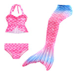 Load image into Gallery viewer, Lovely new design bottom frill bikini top with matching tail, now available in size 100!! Age 2-3yrs - which is just too too cute!! Part of our more affordable range, this tail has poppers at the bottom. The monofin can be taken on and off easily without stepping out of the whole tail. Mini Mermaid Tails