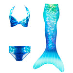 Load image into Gallery viewer, Turquoise Blue Mermaid Tail with photo print, shimmer like effect design. Complete with matching material new shape bikini. Part of our more affordable range, this tail has poppers at the bottom. The monofin can be taken on and off easily without stepping out of the whole tail. Mini Mermaid Tails