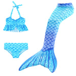Load image into Gallery viewer, Lovely new frill top design bikini with matching tail in a gorgeous turquoise. Now available in size 100!! Age 2-3yrs - just too too cute!! Part of our more affordable range, this tail has poppers at the bottom. The monofin can be taken on and off easily without stepping out of the whole tail. Mini Mermaid Tails