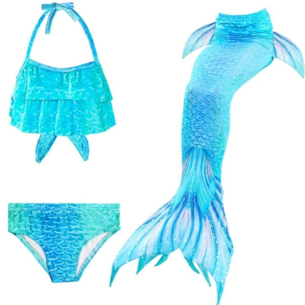Ocean Blue double frill bikini with matching vibrant mermaid tail.  Part of our luxury range, this tail has a high quality side zip. Mini Mermaid Tails