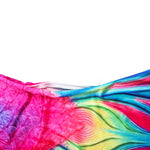 Load image into Gallery viewer, Close up view of the side zipper from the Bold Rainbow Coloured Mermaid Tail with added dorsal fins. Complete with matching material halterneck bikini with cute embellished bow. Part of our luxury range, this tail has a high quality side zip. Mini Mermaid Tails