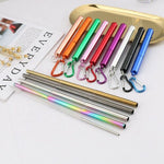Load image into Gallery viewer, Reusable & environmentally friendly, these telescopic straws are made from food grade stainless steel, are FDA Approved and are safe to use in hot or cold drinks. The length of the straws can be adjusted from 3.5 cm to 10 cm so they can be used with different size glasses. The 4pc Package includes: stainless steel straw (silver or rainbow colour), aluminium alloy travel carry case, carbiner hook, and a telescopic cleaning brush. Mini Mermaid Tails