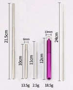 Load image into Gallery viewer, The measurements of the stainless steel telescopic reusable drinking straw are 21.5 cm at it's longest and 10 cm when pushed together. Mini Mermaid Tails
