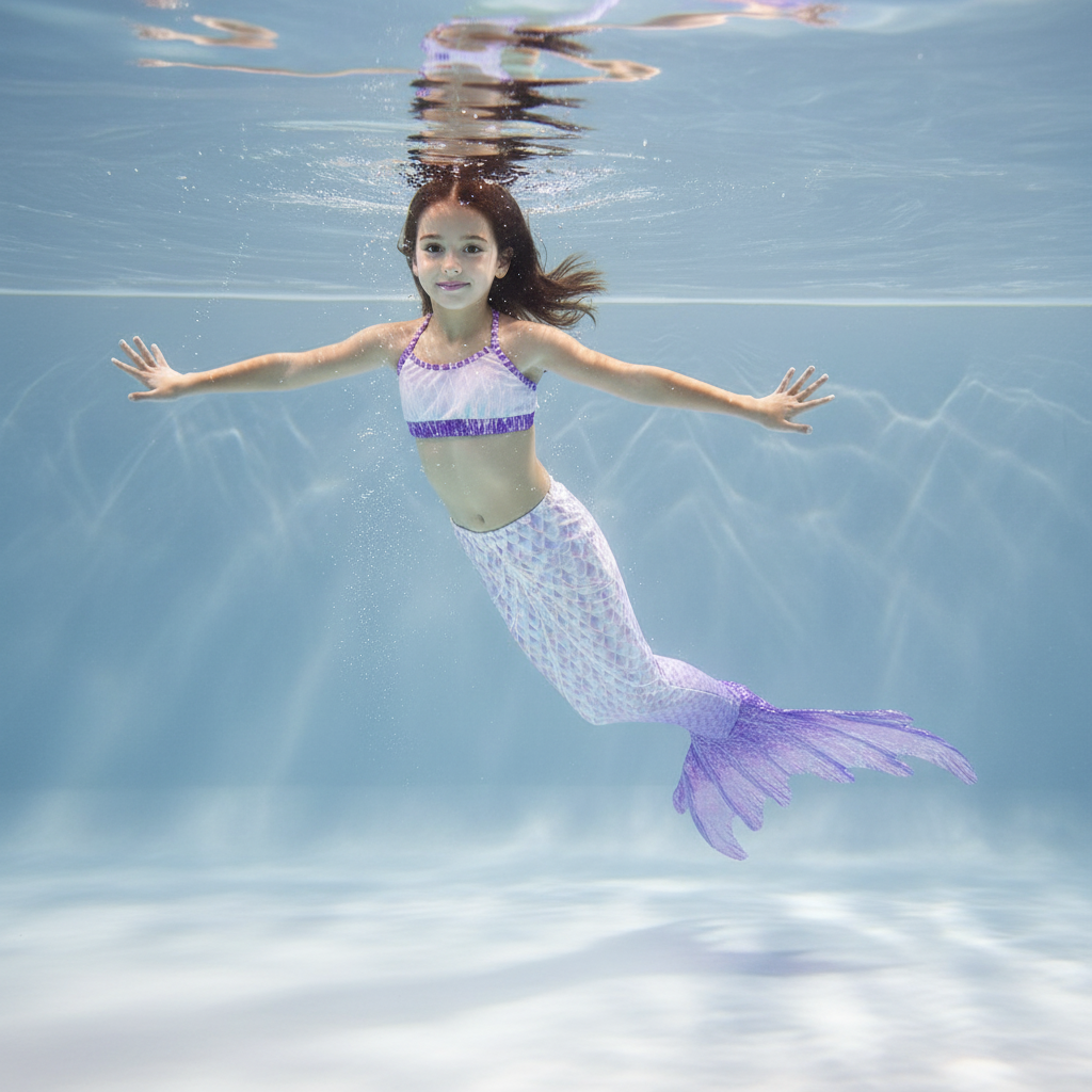 Child in a mermaid tail swims underwater with a clear blue background