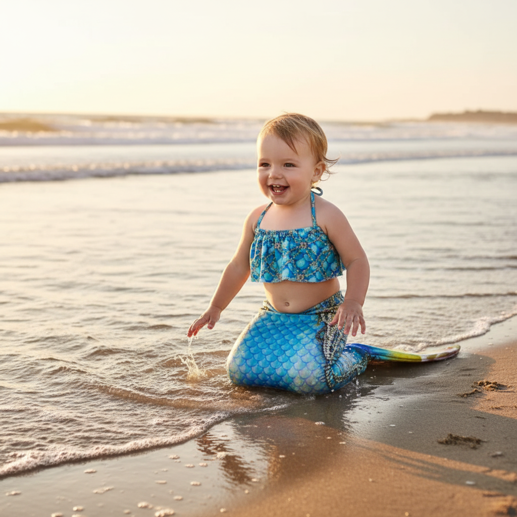 Child in a mermaid tail playing in the water at the beach