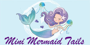 Mini Mermaid Tails logo with cartoon mermaid swimming with jellyfish