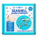 Charger l'image dans la galerie, A Bead Kids Seashell Jewellery Making Kit in a bright turquoise box, shown against a plain white background. The front of the box features a large white label with illustrations of seashells, a photo of a real clam shell, and a circular image showing the completed beaded bracelets.