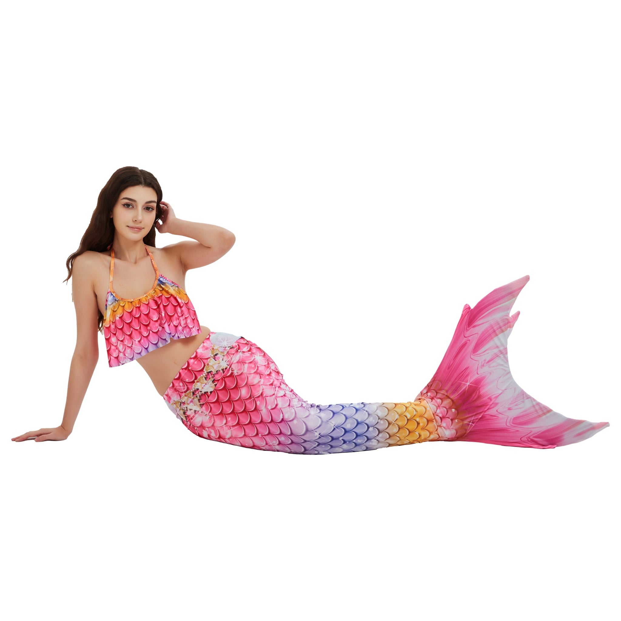 Woman wearing a pink colourful mermaid tail on a white background