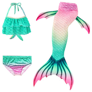 Pretty Green & Pink Mermaid Tail with added dorsal fins. Reminiscent of a watermelon. Complete with matching, larger - more coverage, frill halterneck bikini.  Part of our luxury range, this tail has a high quality side zip. Mini Mermaid Tails