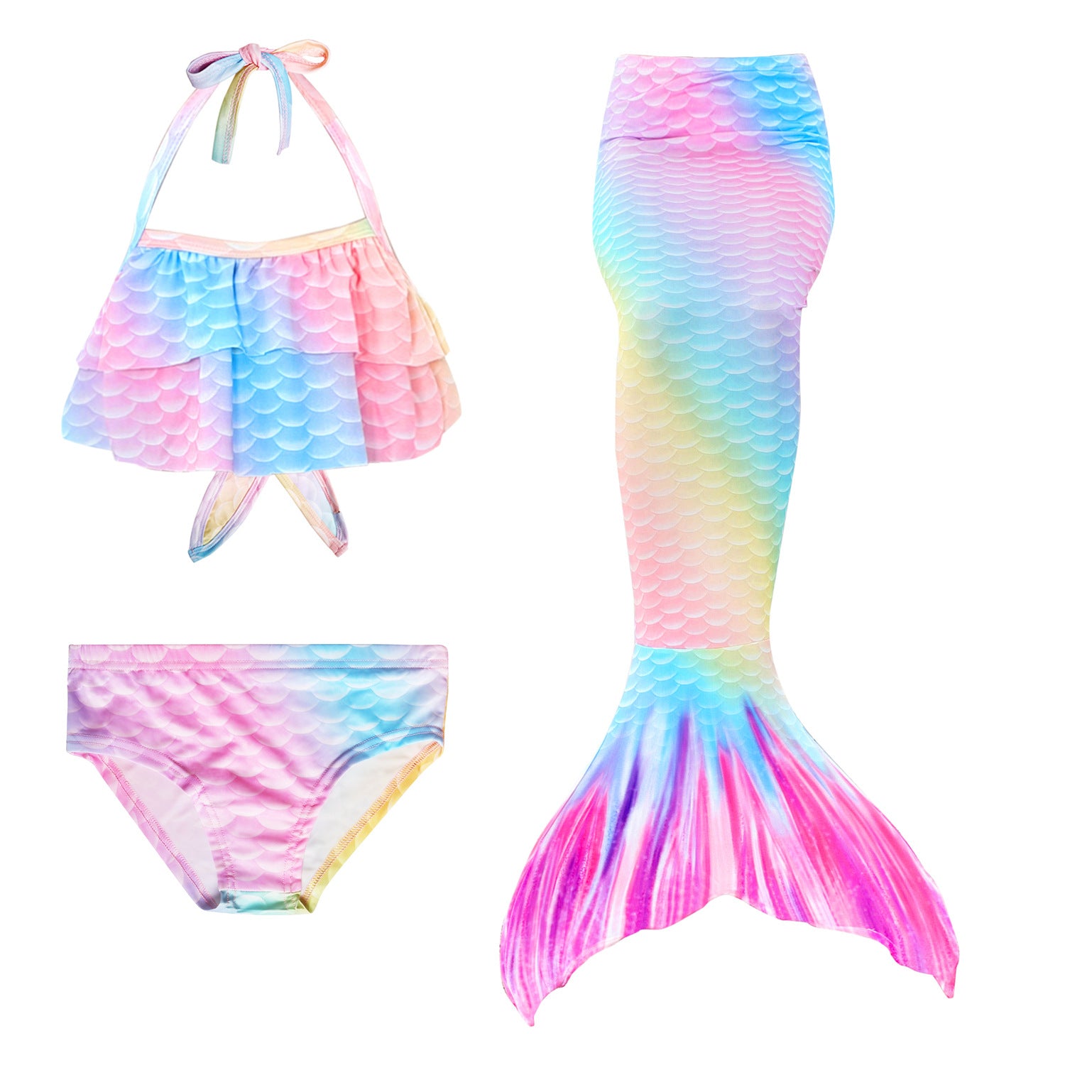 Pretty Pastel Rainbow Mermaid Tail. Complete with matching, larger - more coverage, frill halterneck bikini.  Part of our luxury range, this tail has a high quality side zip.  Mini Mermaid Tails