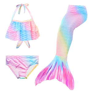 Pretty Pastel Rainbow Mermaid Tail. Complete with matching, larger,  more coverage, frill halter-neck bikini.  Part of our luxury range, this tail has a high quality side zip.  Mini Mermaid Tails