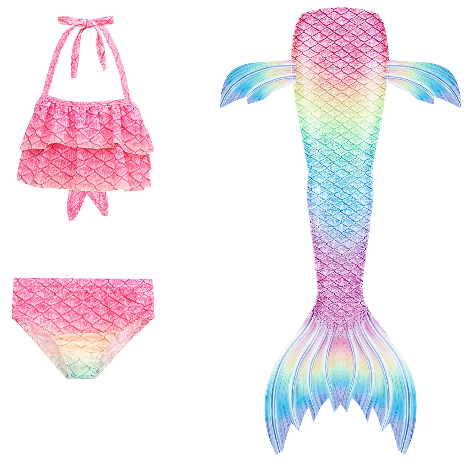 Very cute Mermaid Tail with soft Rainbow colours with added dorsal fins. Complete with matching, larger - offering more coverage, frill halter-neck bikini. Part of our luxury range, this tail has a high quality side zip. Mini Mermaid Tails