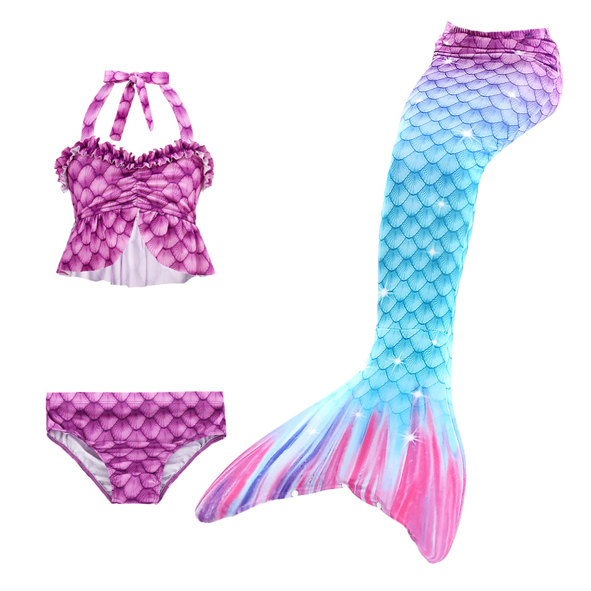 New purple frill design bikini with matching tail, now available in size 100!! Age 2-3yrs - just too too cute!!  Part of our more affordable range, this tail has poppers at the bottom. The monofin can be taken on and off easily without stepping out of the whole tail. Mini Mermaid Tails