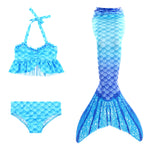 Load image into Gallery viewer, Lovely new frill top design bikini with matching tail in a gorgeous turquoise. Now available in size 100!! Age 2-3yrs - just too too cute!! Part of our more affordable range, this tail has poppers at the bottom. The monofin can be taken on and off easily without stepping out of the whole tail. Mini Mermaid Tails
