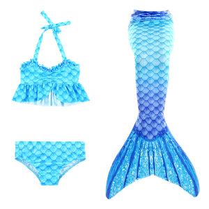 Lovely new frill top design bikini with matching tail in a gorgeous turquoise. Now available in size 100!! Age 2-3yrs - just too too cute!! Part of our more affordable range, this tail has poppers at the bottom. The monofin can be taken on and off easily without stepping out of the whole tail. Mini Mermaid Tails