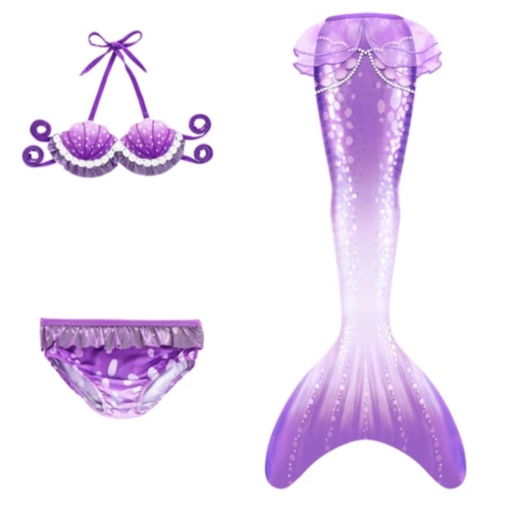 This fabulous new purple set has an intricate, slightly padded, shell bikini top and a printed pearl mermaid tail with a netted peplum.  This tail has no fastenings at the bottom so the monofin can be taken on and off easily without stepping out of the whole tail. Mini Mermaid Tails