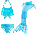 Load image into Gallery viewer, Ocean Blue double frill bikini with matching vibrant mermaid tail.  Part of our luxury range, this tail has a high quality side zip. Mini Mermaid Tails
