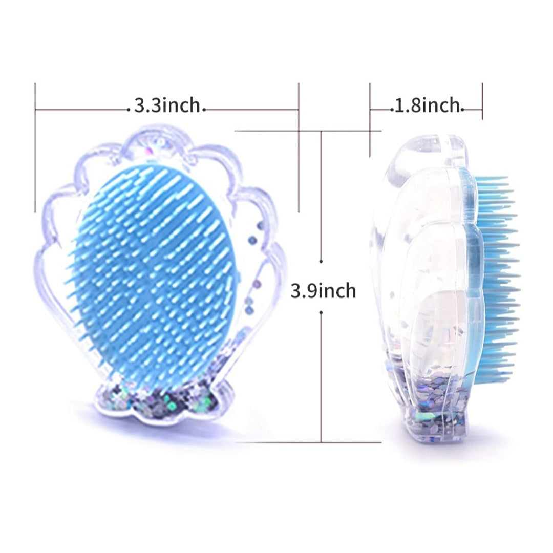 The sparkly blue glitter detangling hairbrush is 3.3 inches wide and 3.9 inches tall. Mini Mermaid Tails