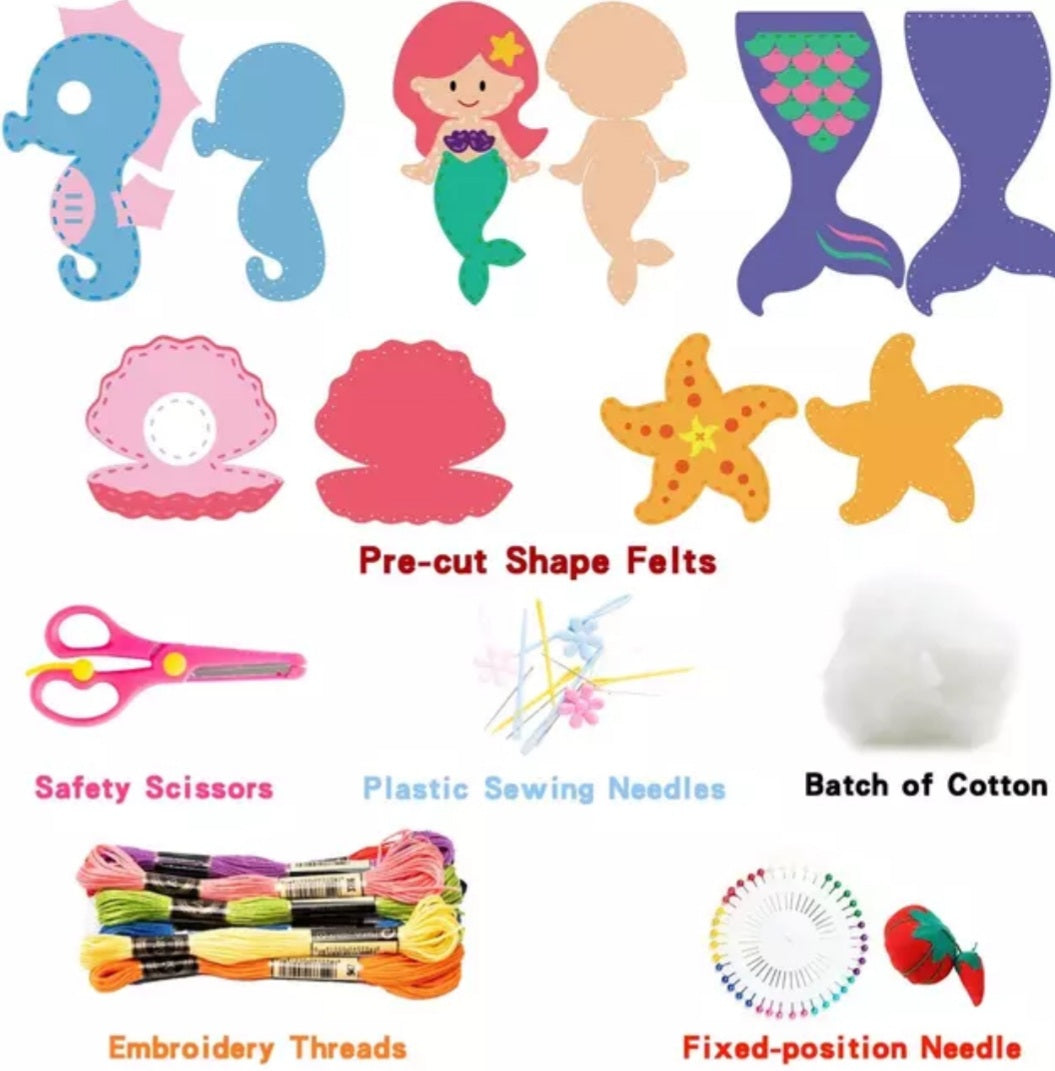 This is an adorable Felt Sewing Kit wit adorable Mermaid, Mermaid tail, Clam Shell, Seahorse, and Starfish patterns. It comes with pre-cut shaped felts, safety scissors, plastic sewing needles, a batch of cotton, and embroidery threads.  Mini Mermaid Tails