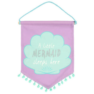 This is a cute purple flag with a triangular bottom with teal colored tassels. On the flag there is a teal colored sea shell that says "A little MERMAID (in glitter) sleeps here".  Mini Mermaid Tails
