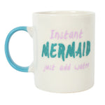 Load image into Gallery viewer, Bone china mug for adult mermaids, white with teal handle, says &quot;Instant Mermaid (in teal colored glitter) just add water&quot; with pink lettering. Mini Mermaid Tails
