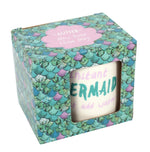 Load image into Gallery viewer, Bone china mug for adult mermaids, white with teal handle, says &quot;Instant Mermaid (in teal colored glitter) just add water&quot; with pink lettering in box. Mini Mermaid Tails
