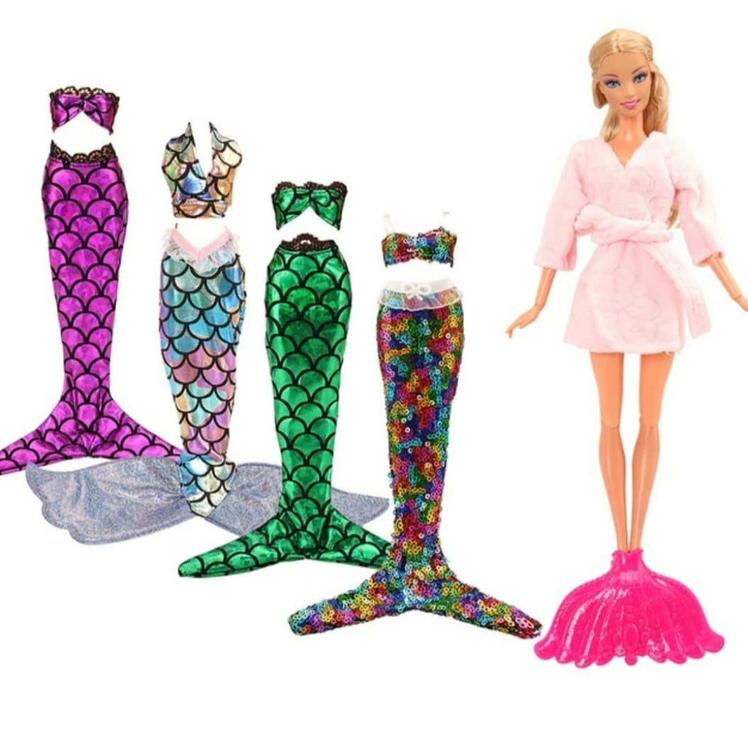 Transform all your Barbie dolls or the like into Mermaids too with this fantastic set of Mermaid Tails.  Set of 6 includes:  4 Tails & bikini tops , 1 Monofin, and  1 Dressing Gown is various colors. Mini Mermaid Tails