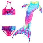 Load image into Gallery viewer, Bold Rainbow Coloured Mermaid Tail with added dorsal fins. Complete with matching material halterneck bikini with cute embellished bow. Part of our luxury range, this tail has a high quality side zip. Mini Mermaid Tails
