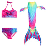 Charger l&#39;image dans la galerie, Bold Rainbow Coloured Mermaid Tail with added dorsal fins. Complete with matching material halterneck bikini with cute embellished bow.  Part of our luxury range, this tail has a high quality side zip. Mini Mermaid Tails

