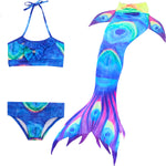 Load image into Gallery viewer, Peacock feather design Mermaid Tail with added dorsal fins. Complete with matching material halterneck bikini with cute embellished bow.  Part of our luxury range, this tail has a high quality side zip.  Mini Mermaid Tails

