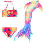 Load image into Gallery viewer, Adorable Orange, Yellow &amp; Blue Mermaid Tail with added dorsal fins with matching material halter-neck bikini with cute embellished bow.  Part of our luxury range, this tail has a high quality side zip. Mini Mermaid Tails
