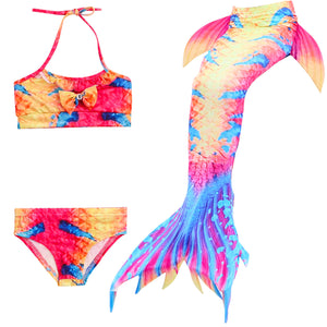 Adorable Orange, Yellow & Blue Mermaid Tail with added dorsal fins with matching material halter-neck bikini with cute embellished bow.  Part of our luxury range, this tail has a high quality side zip. Mini Mermaid Tails