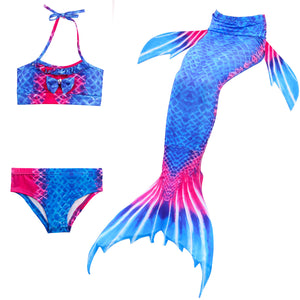 Striking Rich Blue & Dark Pink Mermaid Tail with added dorsal fins. Complete with matching material halterneck bikini with cute embellished bow.  Part of our luxury range, this tail has a high quality side zip. Mini Mermaid Tails