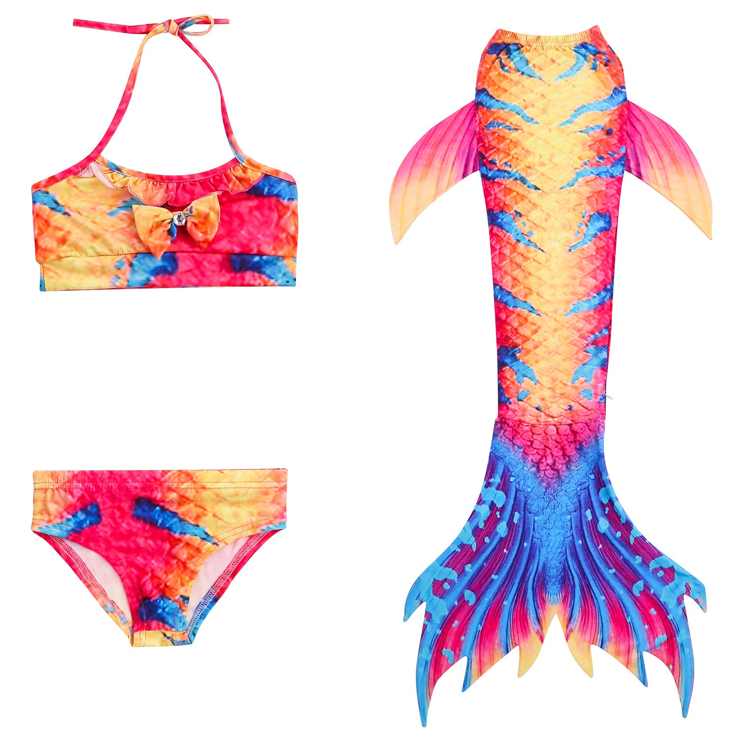 Adorable Orange, Yellow & Blue Mermaid Tail with added dorsal fins with matching material halter-neck bikini with cute embellished bow. Part of our luxury range, this tail has a high quality side zip. Mini Mermaid Tails
