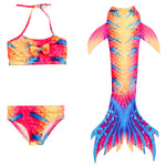 Load image into Gallery viewer, Adorable Orange, Yellow &amp; Blue Mermaid Tail with added dorsal fins with matching material halter-neck bikini with cute embellished bow. Part of our luxury range, this tail has a high quality side zip. Mini Mermaid Tails
