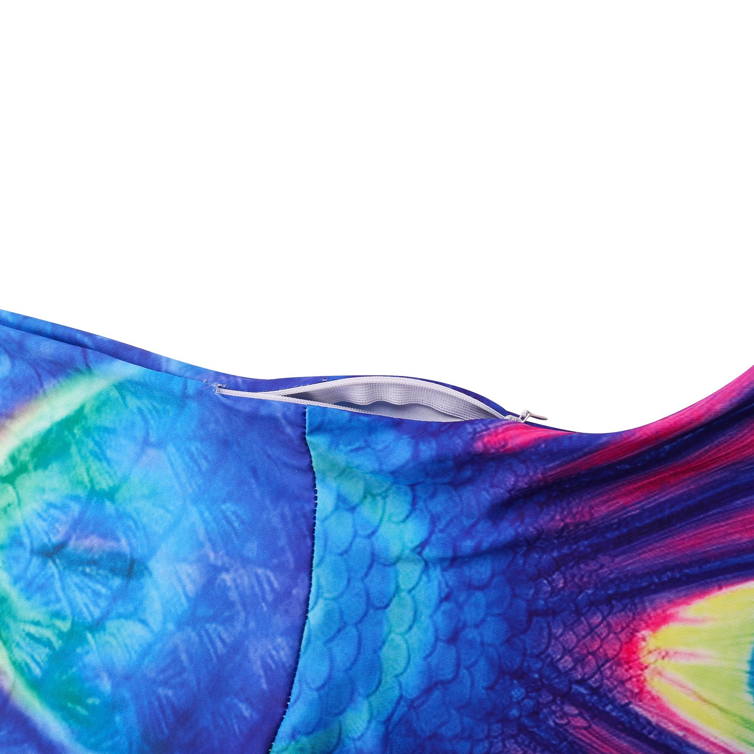 Side zip close up from the Luxury Peacock Purple & Blue Mermaid Tail. Mini Mermaid Tails