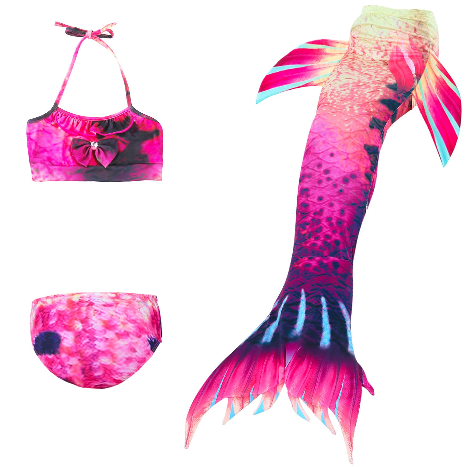 Unusual Pink & Black Mermaid Tail with added dorsal fins. Complete with matching material halterneck bikini with cute embellished bow.  Part of our luxury range, this tail has a high quality side zip. Mini Mermaid Tails