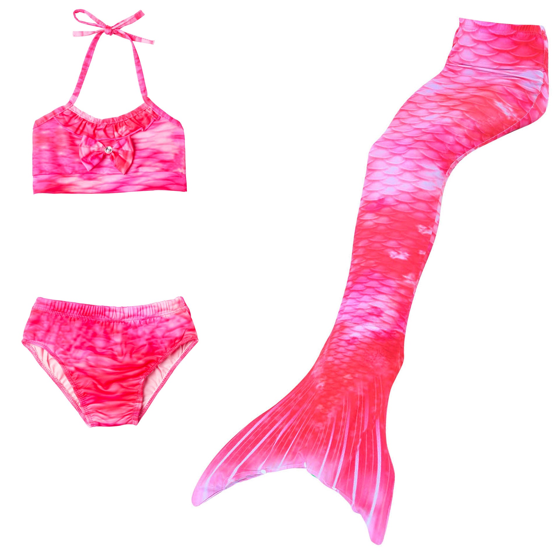 Pink Candyfloss Mermaid Tail with matching material embellished bow halterneck bikini. Part of our more affordable range, this tail has poppers at the bottom. The monofin can be taken on and off easily without stepping out of the whole tail. Mini Mermaid Tails