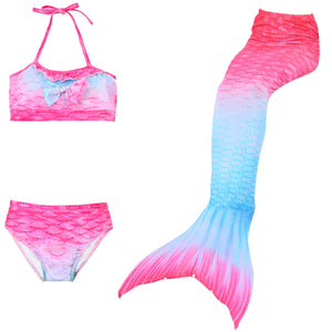 Pink & Blue Mermaid Tail with matching material embellished bow halterneck bikini. Part of our more affordable range, this tail has poppers at the bottom. The monofin can be taken on and off easily without stepping out of the whole tail. Mini Mermaid Tails