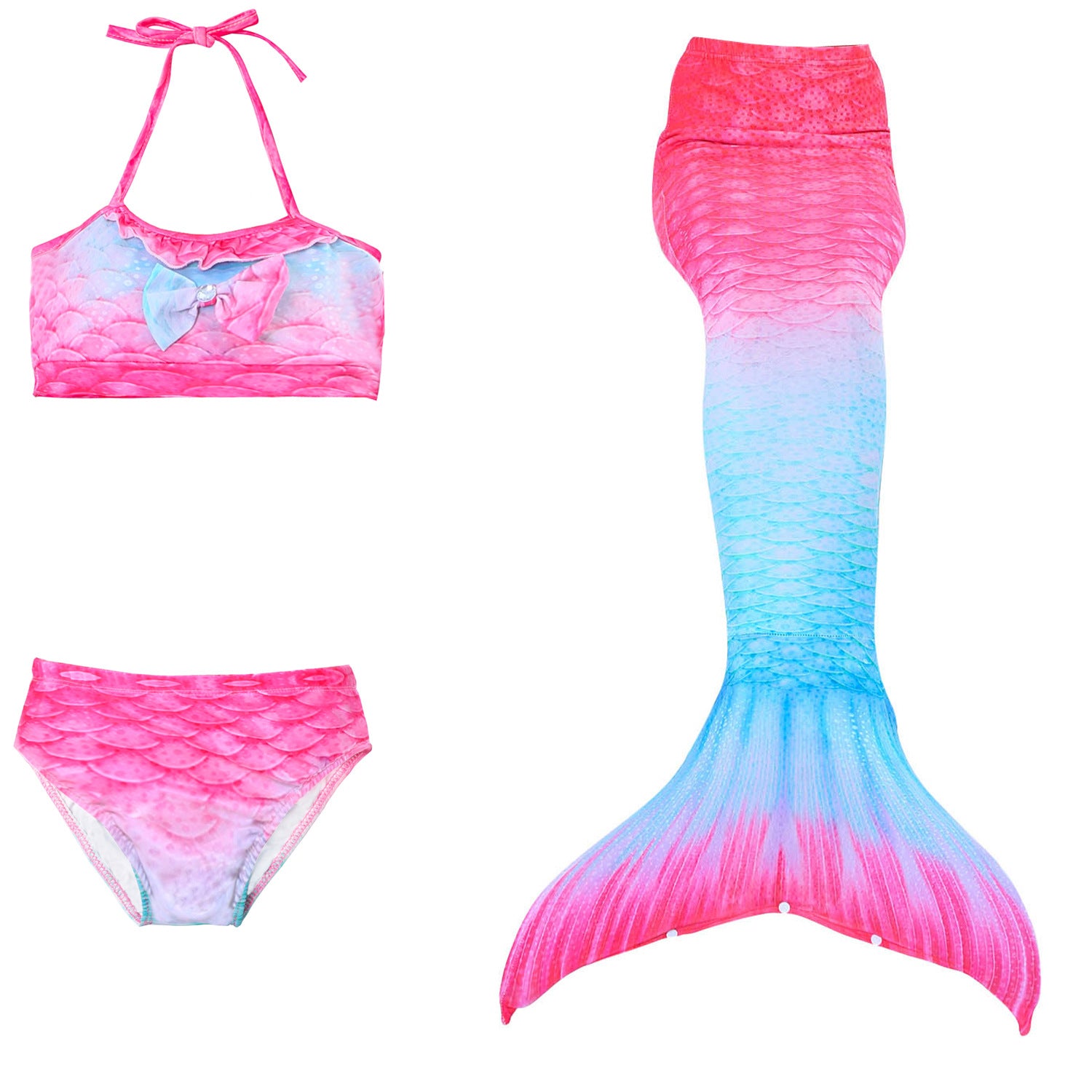 Pink & Blue Mermaid Tail with matching material embellished bow halterneck bikini.  Part of our more affordable range, this tail has poppers at the bottom. The monofin can be taken on and off easily without stepping out of the whole tail. Mini Mermaid Tails