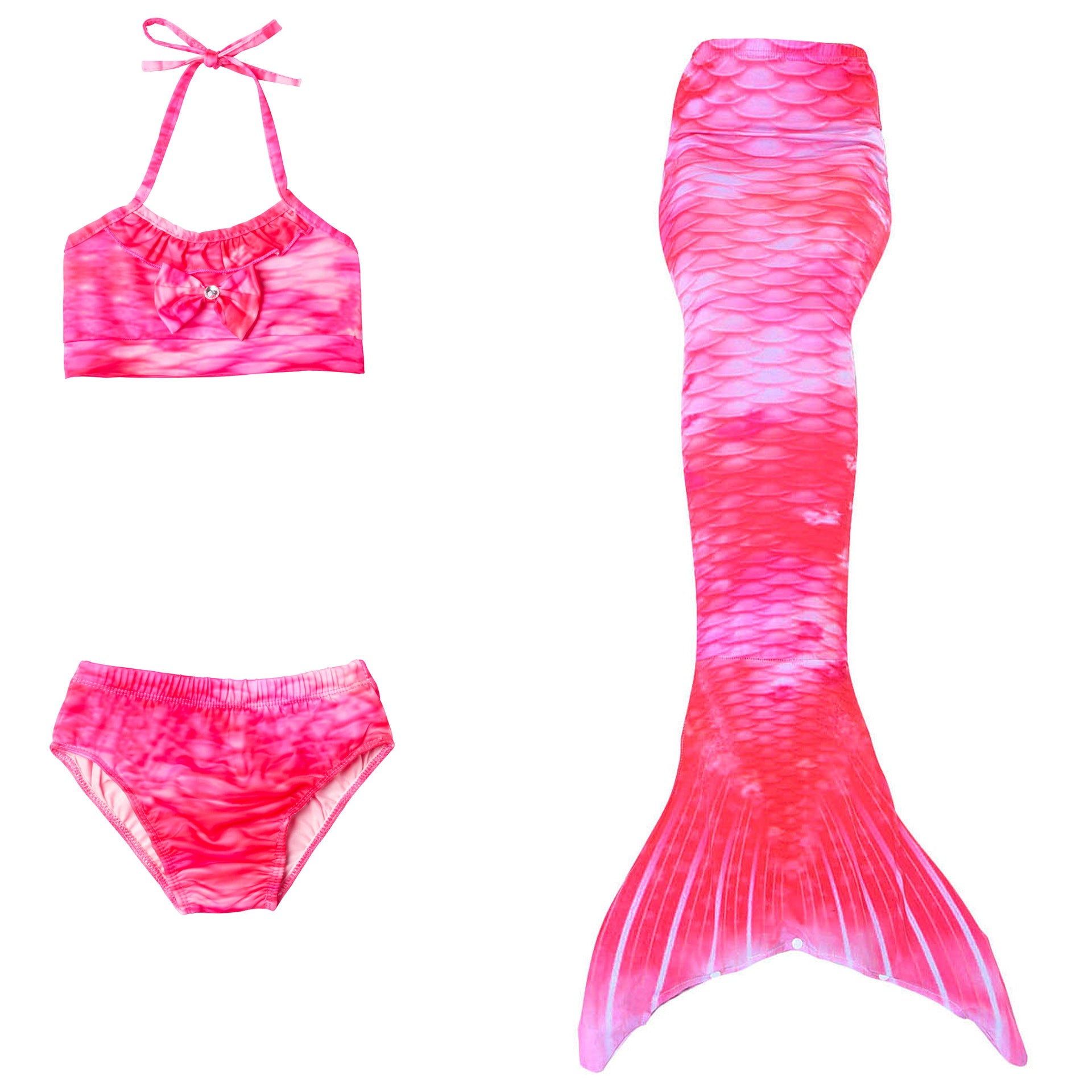 Pink Candyfloss Mermaid Tail with matching material embellished bow halterneck bikini.  Part of our more affordable range, this tail has poppers at the bottom. The monofin can be taken on and off easily without stepping out of the whole tail. Mini Mermaid Tails