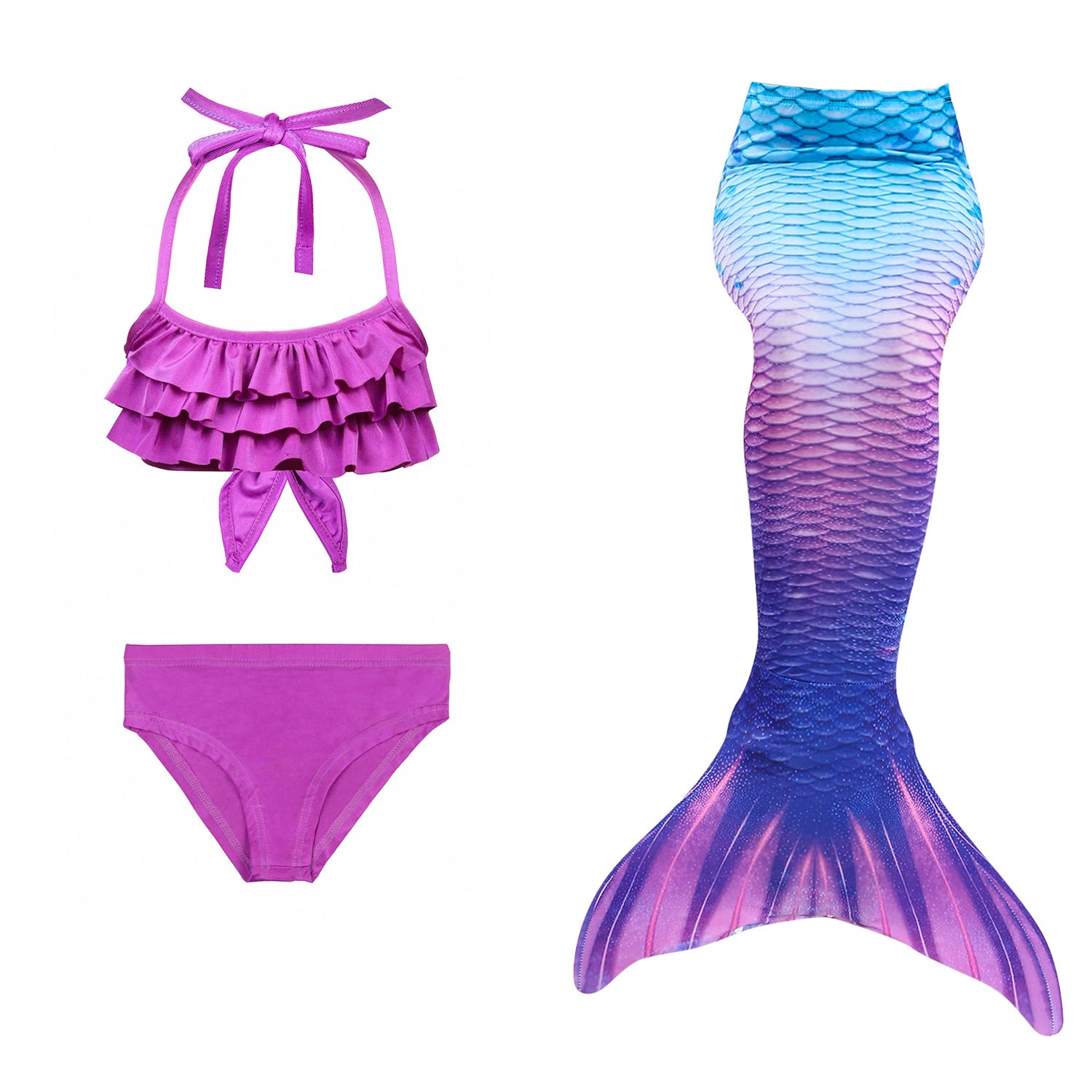 Purple frill bikini with coordinating blue and purple tail. Part of our more affordable range, this tail has poppers at the bottom. The monofin can be taken on and off easily without stepping out of the whole tail. Mini Mermaid Tails