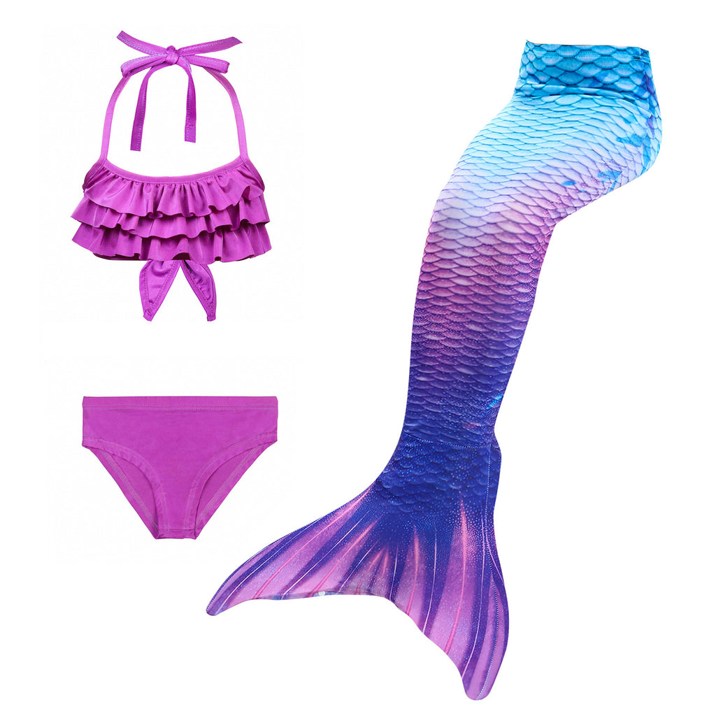 Purple frill bikini with coordinating blue and purple tail.   Part of our more affordable range, this tail has poppers at the bottom. The monofin can be taken on and off easily without stepping out of the whole tail. Mini Mermaid Tails