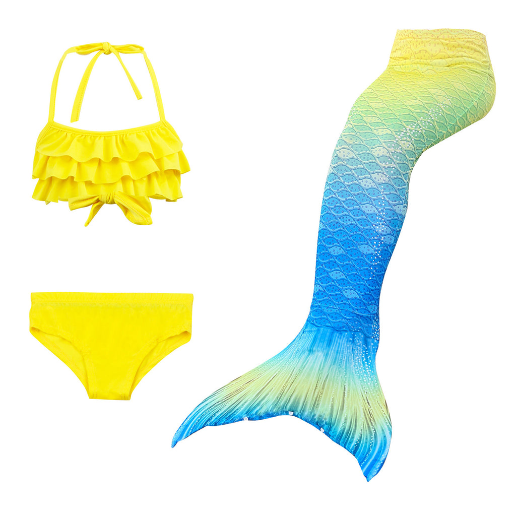 Fancy dress style yellow frill bikini with stunning in the water blue and yellow tail.  Part of our more affordable range, this tail has poppers at the bottom. The monofin can be taken on and off easily without stepping out of the whole tail. Mini Mermaid Tails