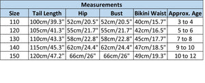 Sizing chart for the Luxury Mermaid Tail & Bikini. Mini Mermaid Tails