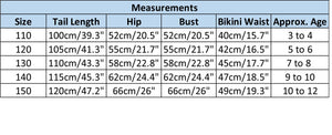 Sizing chart for the Luxury Mermaid Tail & Bikini. Mini Mermaid Tails